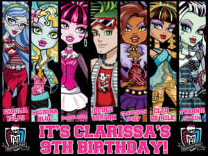 Monster High角色以色彩繽紛的服裝和粗體粉紅色文字慶祝Clarissa的9歲生日。 — 魔物獵人 壁紙