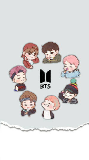 七個Q版BTS成員在灰色背景上圍繞BTS標誌成圓圈。 — 可愛的防彈少年團 壁紙