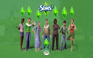 來自遊戲 The Sims 3 的七個 Sims 角色，帶著發光的綠色鑽石圖標擺姿勢。 — 電玩遊戲 GIF 壁紙