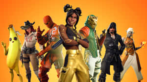 七個Fortnite遊戲角色穿著色彩繽紛的服裝一起擺姿勢。 — 要塞英雄 大逃殺 壁紙