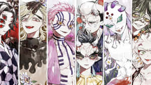 七個動漫惡魔角色，帶有花卉背景的垂直面板。 — 鬼滅之刃 壁紙
