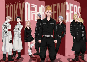七個動漫角色穿著黑白服裝，在紅色'Tokyo Revengers'背景前擺姿勢。 — 東京 壁紙