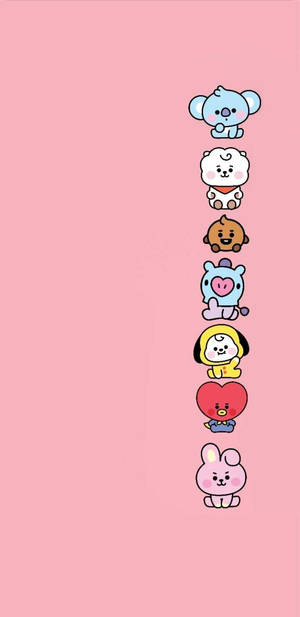 七個BT21卡通角色垂直堆疊在粉紅色背景上。 — 可愛的好朋友 壁紙