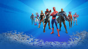 七個Fortnite角色在散落著硬幣的藍色地板上擺姿勢。 — 忍者 要塞英雄 壁紙