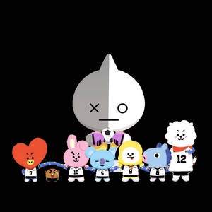 BT21角色穿著足球制服在團隊隊伍中手牽手。 — 省電 壁紙
