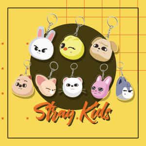七個帶有Stray Kids品牌的卡通動物鑰匙圈，位於黃色網格背景上。 — 美學黃色 壁紙