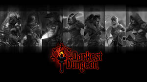 七個陰沉的冒險者穿著暗色盔甲，站在發光的紅色Darkest Dungeon標誌上方。 — 暗黑地牢 壁紙