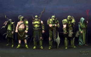 七名身穿綠色盔甲的奇幻戰士在黑暗隊列中手持武器。 — Runescape 壁紙