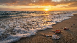 夕陽海浪沖刷散落貝殼的沙灘 — 七月 壁紙