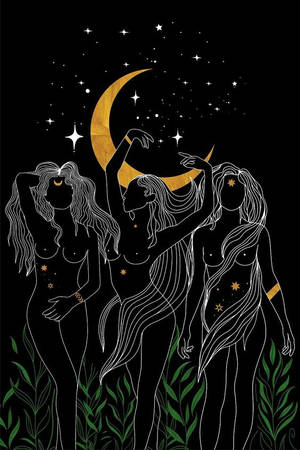 三位長髮女士在新月和星星下 — 啊！我的女神 壁紙