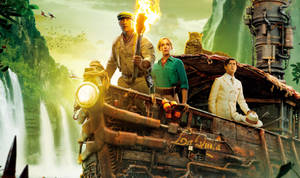 三位探險家在叢林蒸汽船上，背景有美洲虎和瀑布。 — 叢林奇航 壁紙