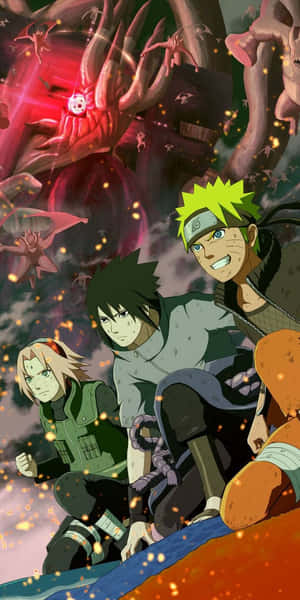 三位動漫忍者戰士與一隻擁有發光眼睛的巨型紅色怪物戰鬥。 — 櫻島麻衣 壁紙