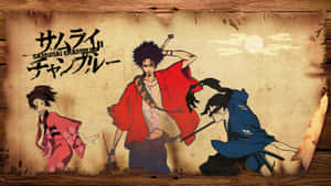 三位身穿紅藍服裝的動漫武士戰士在羊皮紙上持劍擺姿勢。 — 動漫桌面 壁紙