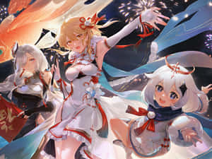 三位動畫女孩穿著傳統服飾，在星空下以煙火慶祝。 — 原神手機壁紙