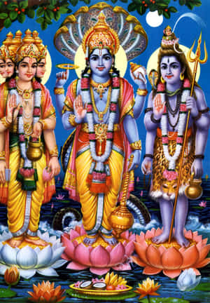 月光下神聖池塘中蓮花上的三位印度教神靈。 — Maa Durga 壁紙