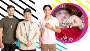 三位穿著街頭服的年輕男子，站在一張抽雪茄男子的圓形照片旁擺姿勢。 — 巴布羅·埃斯科巴 壁紙