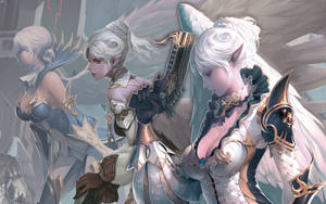 三位帶翅膀和劍的奇幻精靈戰士，處於戰鬥姿態。 — 電玩遊戲 GIF 壁紙