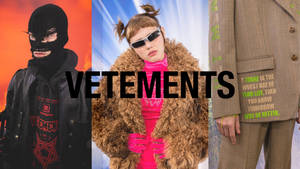 三位模特兒穿著前衛的Vetements服裝，配以粗體文字和鮮豔背景。 — Vetements 壁紙