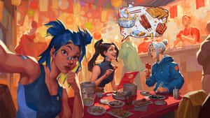 三位朋友在發光的燈籠下，於熱鬧的夜市中吃街頭美食。 — 電玩遊戲 GIF 壁紙