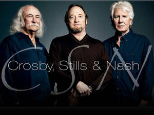 三位身穿深色襯衫的男士為樂隊肖像擺姿勢，帶有 'Crosby Stills Nash' 文字疊加。 — 音樂 壁紙