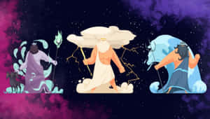 三位插圖中的神祇，配有武器和雲朵，在宇宙場景中。 — 希臘 壁紙
