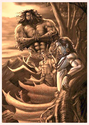 三位神聖人物在日落時分的神秘森林中，帶有精緻的細節。 — 卡通 克利須那 壁紙