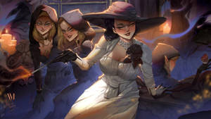三位穿著復古連衣裙的女性在燭光房間中施展魔法。 — 惡靈古堡2 壁紙