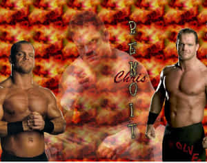 三位摔角手在帶有火焰紋理的圖形設計中，帶有 Chris Benoit 文字。 — 克里斯·布朗 壁紙