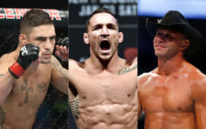三位赤裸上身的男性MMA拳手在籠中，一位大喊，一位專注，一位戴牛仔帽微笑。 — 運動 壁紙