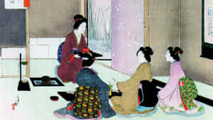 三位身穿和服的女性坐在傳統日式房間的榻榻米上。 — 日式 壁紙