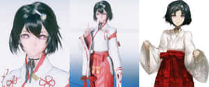 三位身穿傳統日本和服服裝的動漫女孩，展現多樣的姿勢和表情。 — 超寬 GIF 壁紙
