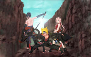 三位身穿曉組織斗篷的動漫忍者，在峽谷中準備戰鬥。 — 動漫 壁紙