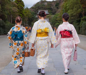 三位身穿傳統和服的女性在森林中的石徑上走開。 — 日本武士 壁紙