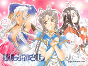 三位身穿色彩繽紛奇幻服裝的動漫女神微笑著擺姿勢，閃閃發光。