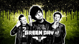 Green Day 樂團成員身穿黑色皮夾克，背景為滴落的綠色。 — 深綠色系動畫 壁紙