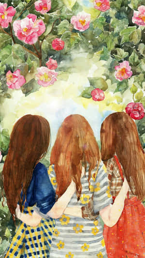 三位女孩一起站在花園中盛開的粉紅色花朵下。 — 鉛筆素描 壁紙