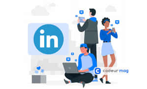 三人在乾淨的數位工作空間中圍繞一個大型 LinkedIn 標誌使用設備。 — 領英 壁紙
