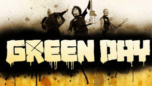 Green Day 樂隊成員在紋理背景上彈奏吉他，並有粗體滴落的文字。 — 螢光綠 壁紙