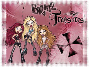 三個 Bratz 公仔以哥德時尚風格在粉紅色背景上與標誌擺姿勢。 — 玩具總動員叉奇 壁紙