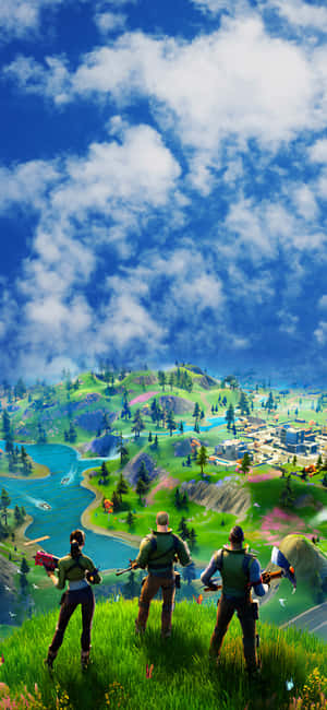 三個 Fortnite 玩家俯瞰著一個色彩繽紛的山谷，山谷中有河流和城鎮。 — Galaxy S26 壁紙