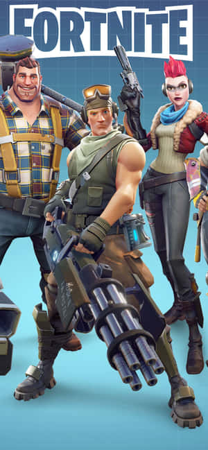 三個《Fortnite》遊戲角色身穿戰鬥裝備手持武器。 — iPhone 16e 壁紙