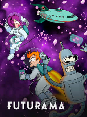 Futurama 角色在太空中漂浮，有太空船和粉紅色氣泡。 — iPad Pro M4 壁紙