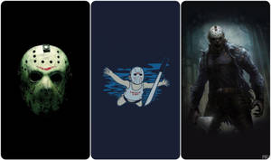 三個 Jason Voorhees 圖片：面具、嬰兒卡通和森林怪物。 — 黑白小丑 壁紙