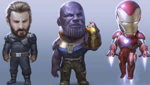 鋼鐵人、Thanos 和美國隊長的 Q 版版本一起。 — 超級英雄 壁紙