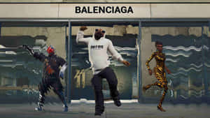 三個Fortnite角色在有故障效果的Balenciaga商店前面跳舞。 — 巴黎世家 壁紙