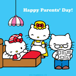 Hello Kitty家庭在臥室裡慶祝父母節，孩子躺在床上，爸爸在看報紙。 — 白色百合花 壁紙