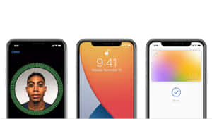 三個iPhone螢幕顯示Face ID、鎖定螢幕和Apple Pay卡確認。 — 臉 壁紙