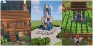 Minecraft場景，展示木屋、玻璃塔和帶有玩家角色的農田。 — 最佳我的世界 壁紙