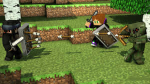 三個Minecraft玩家在草地塊狀世界中使用劍和盾牌戰鬥。 — 我的世界 壁紙
