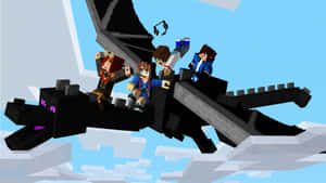 三個Minecraft玩家騎著一條黑龍穿過像素天空。 — 我的世界 壁紙